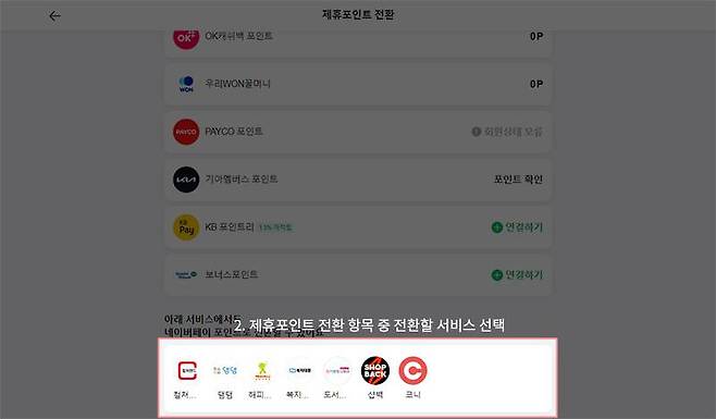 제휴포인트 전환 항목 중 가장 아래에서 컬쳐랜드, 해피머니, 도서문화상품권 중 보유한 상품권에 맞는 항목을 클릭한다. 출처=IT동아