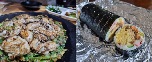 경북식당의 부추굴전(왼쪽), 명란김밥의 명란김밥