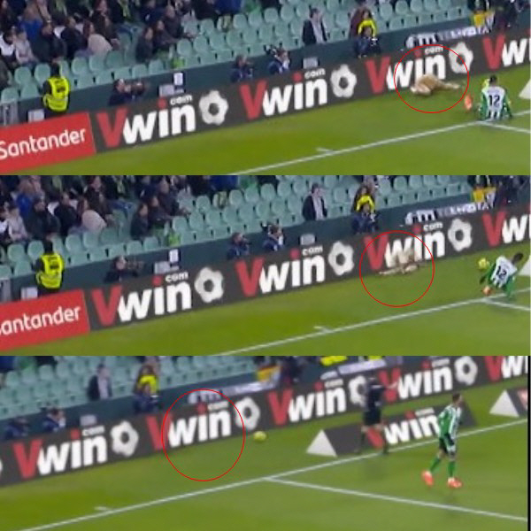 바르셀로나의 로날드 아라우조(빨간색 원 안)가 상대 수비수와 경합하던 도중 넘어지면서 경기장 밖 광고판 쪽으로 점차 사라지고 있다.(사진 위쪽부터) 사진=TV 중계화면 캡처