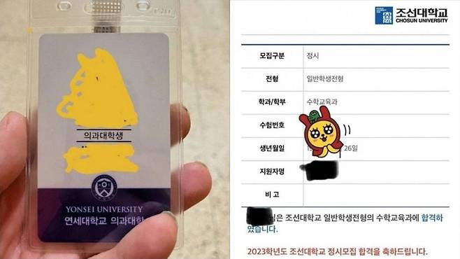 연세대 의대를 자퇴하고 2023학년도 조선대 수학교육과 신입생이 된 백윤성(27)씨의 연세대 학생증과 조선대 합격 안내문. /인스타그램
