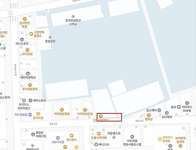 빨간색 부분이 최근 철거된 명동 화교학교 노점상 부지 [제작 이상서]