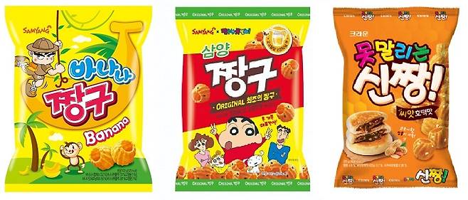 삼양식품의 기존 짱구(왼쪽)와 콜라보 짱구(가운데), 크라운제과의 못말리는 신짱(오른쪽)/사진=각 사