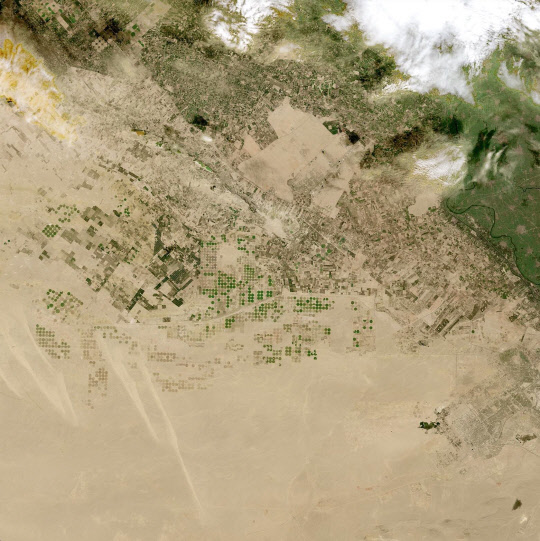 이집트 카이로에서 북서쪽으로 80km 떨어진 사닷 시 근처 관개된 농지 위성 사진. 출처: NASA 임팩트