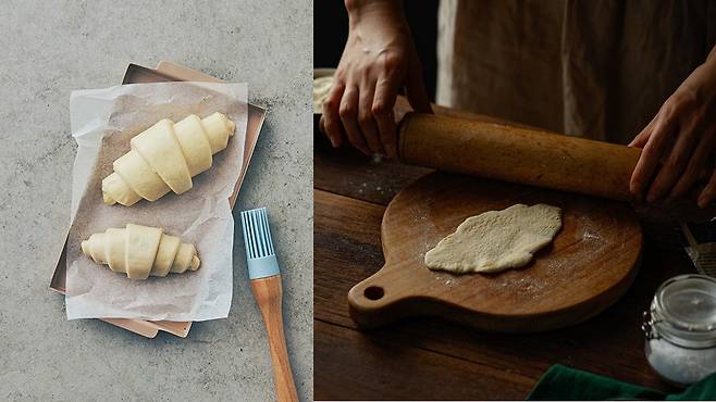 크루아상 생지(왼쪽)와 생지를 이용한 베이킹 과정. [마켓컬리·우리의식탁 제공]
