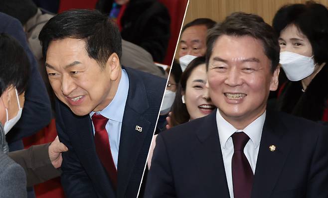 김기현 의원이 1월30일 서초문화예술회관에서 열린 박성중 의원 의정보고대회에서 인사하고 있다(왼쪽 사진). 안철수 의원이 1월31일 강북문화예술회관에서 열린 강북구 당협 신년인사회에 참석해 당원들과 인사하고 있다. ⓒ연합뉴스