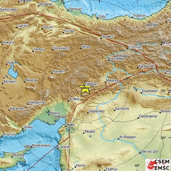 6일(현지시간) 오후 튀르키예(터키) 중부 추가 지진 발생 지역 (유럽지중해지진센터 화면 갈무리) 2023.2.6