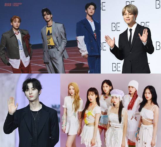 왼쪽 위부터 시계방향으로 세븐틴 유닛 부석순, 지민, 스테이씨, 황민현, 출처 | 각 소속사