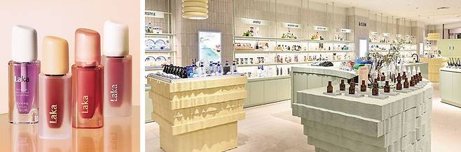 비건 색조 화장품 ‘라카’의 립 오일(왼쪽 사진). 현대백화점이 향후 전국 16개 매장으로 확대할 예정이라고 밝힌 비건 전문 화장품 편집 매장 ‘비클린’의 목동점 모습. /라카코스메틱스·현대백화점