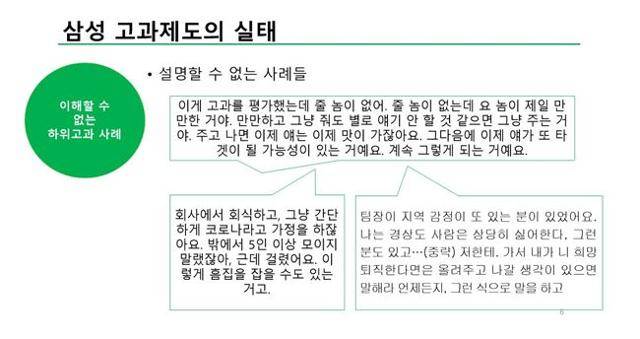 삼성전자와 삼성SDI 근로자 22명에 대한 면접조사에서 나온 고과평가 관련 불만. 특히 이해할 수 없는 하위고과 사례가 많았다. 금속노조 제공