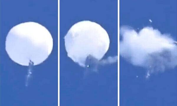 지난 4일(현지시간) 미국이 스텔스 전투기 등을 동원해 자국 영토에 진입한 중국의 '정찰 풍선'을 격추하는 모습. 미국 해군연구소 트위터 캡처