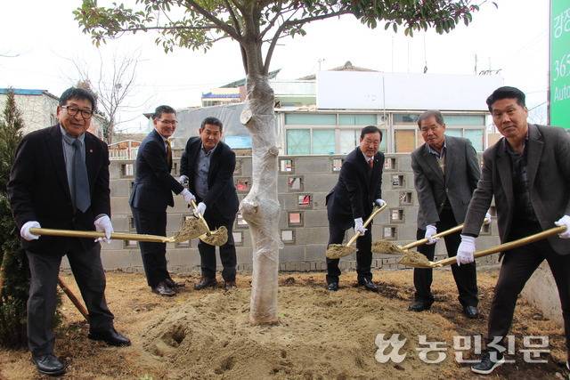 제주 서귀포 중문농협 강정지점 신축 이전 기념식 참석자들이 기념식수를 하고 있다.