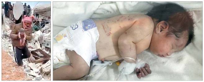 기적 같은 생명력 튀르키예에서 지진이 발생한 직후 기적적으로 태어난 신생아가 7일(현지시간) 시리아 알레포주 아프린 마을 내 어린이병원의 인큐베이터 안에서 치료를 받고 있다. 담당 의사인 하니 마루프 씨에 따르면 이 아이는 잔해에서 발견되기 3시간쯤 전인 지난 6일 정오에 태어났다.왼쪽 사진은 이 아이가 구조되는 모습.  【AP연합뉴스·트위터 캡처】