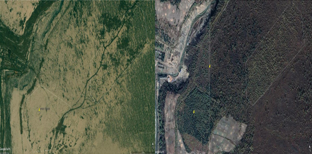 양강도 삼지연시 인근의 조림 전(2003), 후(2019) 비교 모습. 구글위성영상 사진