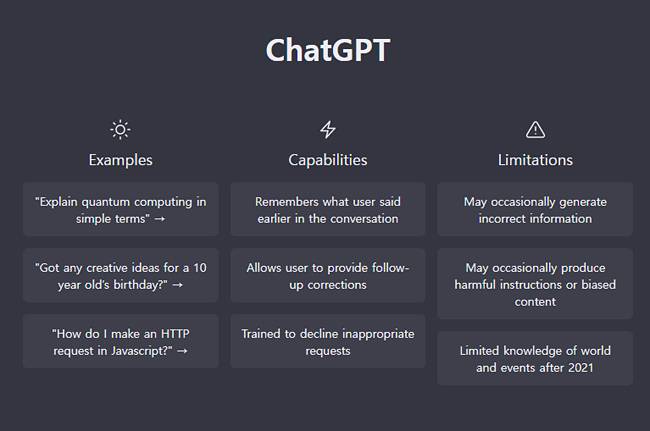 미국 ‘오픈AI’의 챗GPT 초기 화면. 챗GPT 캡처