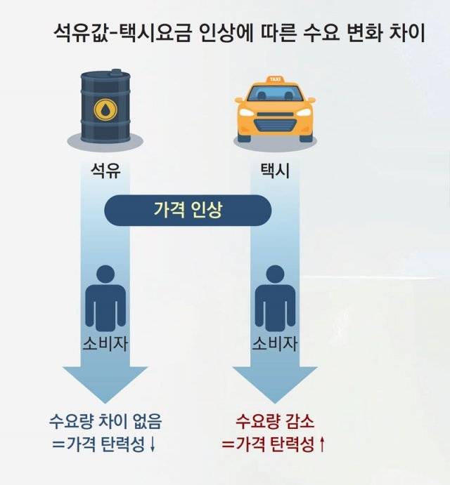 석유값과 택시 요금이 오를 때 소비자는 각각 다르게 반응합니다. 석유는 가격이 아무리 올라도 반드시 사용해야 하는 에너지이기 때문에 소비를 줄이기 힘들고, 수요도 크게 변하지 않습니다. 하지만 택시 요금이 오르면 소비자는 버스나 지하철 같은 대체 수단을 선택할 수 있고, 이 경우 택시에 대한 수요가 빠르게 줄어듭니다. 이를 경제학에서는 “석유값은 가격 탄력성이 낮다” “택시 요금은 가격 탄력성이 높다”고 표현합니다.