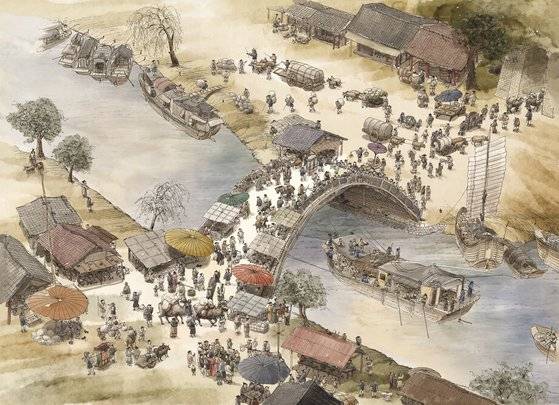 2015년 국립제주박물관에서 열린 ‘조선 선비 최부, 뜻밖의 중국 견문’ 특별전 일러스트. 중국 송나라 시기 번화한 도성을 묘사한 ‘청명상하도’를 저본으로 중앙일보 안충기 기자가 그렸다. [사진 국립제주박물관]