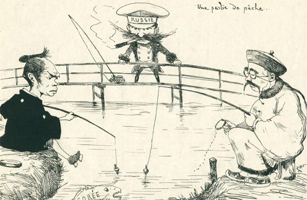 일본 러시아 중국이 물고기로 상징된 조선을 낚으려 하고 있다. 프랑스 삽화가인 조르주 페르디난도 비고가 그린 풍자화(1887년, 고종 24년).