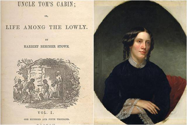 '톰 아저씨의 오두막집' 초판 표지(왼쪽)와 작가 해리엇 비처 스토의 초상화. 초상화는 미국 내셔널 포트레잇 갤러리 소장. 위키피디아