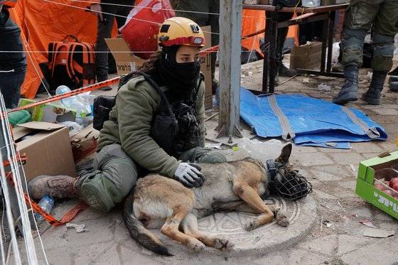 터키 지진 현장에서 휴식을 취하고 있는 이스라엘 구조대와 구조견. 로이터=연합뉴스