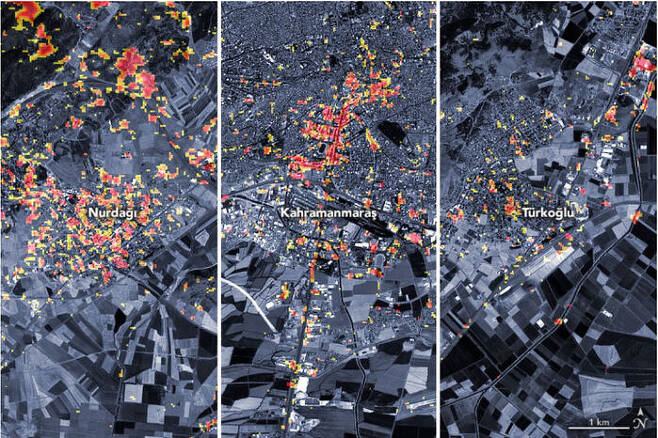 튀르키예 튀르콜루, 카흐라만마라슈, 누르다으의 지진 피해 상황 위성 지도. 빨간색일수록 피해가 심각한 곳이다. (사진=NASA 지구관측소 제공, 연합뉴스)