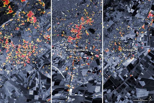 왼쪽부터 튀르키예 누르다으, 카흐라만마라슈, 튀르콜루 위성 지도. 빨간색일수록 지진 피해가 심각한 곳이다. NASA 지구관측소 제공