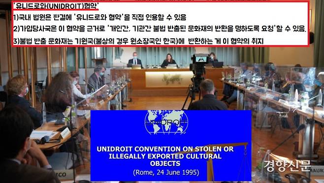 2심 재판부가 인용한 유니드로와 협약은 협약에 가입한 나라의 법원은 이 협약을 불법 및 도난 문화재 관련 재판에 인용할 수 있고, 또 이 협약을 근거로 불법 반출된 문화재의 반환을 요구할 수도 있다는 내용을 담고 있다. 또 불법 및 도난 문화재의 경우 기본적으로 원소장국인 기원국에 반환하는 것이 이 협약의 취지이다.