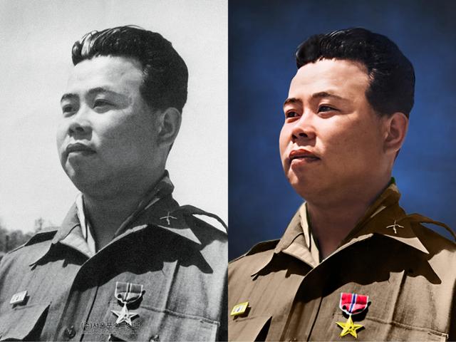고 김동석 대령의 사진 복원 전(왼쪽)과 후. 국가보훈처 제공