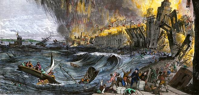 리스본 대지진을 묘사한 19세기 삽화. 건물이 종잇장처럼 무너지고, 해일이 일렁이는 모습이 사실적으로 묘사됐다.