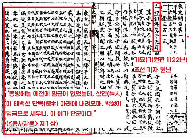 <동사강목>은 단군조선을 ‘정통의 첫머리’로 두었으면서 정작 본문에서는 ‘기자조선’부터 서술했다. 즉 <동사강목> ‘제1상’은 ‘기묘년 조선 기자 원년·주 무왕 13(기원전 1122)’부터 시작한다..‘단군조선’ 기사는 ‘기자조선’을 설명하면서 두번째 기사에 상당히 길게 붙여놓았다.