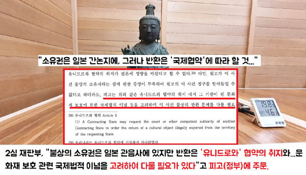 2심 재판부는 판결문 말미에 “불상의 소유권은 일본 관음사에 있지만 반환은 ‘유니드로와 협약의 취지와 그 기반이 된 문화재 보호 관련 국제법적 이념’을 고려해 다룰 필요가 있다”고 덧붙였다. / 국립문화재연구원 제공