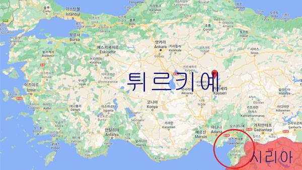 튀르키예 지도 : 빨간 동그라미 안이 안타키아와 이스켄데룬 지역 [사진 제공 : 구글 지도]