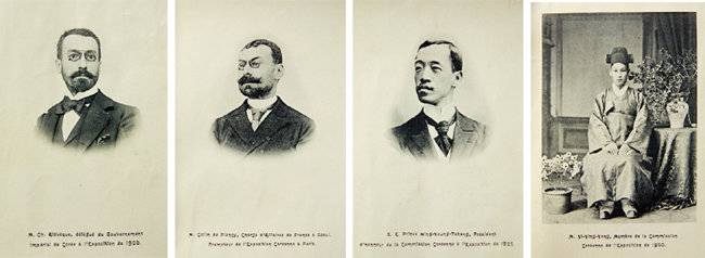 (왼쪽부터)대한제국 시기 서울의 관립 프랑스어학교 교사이던 샤를 알레베크의 초상. 한국 최초 사진엽서 시리즈를 만든 주인공이다. 1900년 당시 주한 프랑스 공사 콜랭 드 플랑시(Collin de Plancy). 대한제국이 박람회에 참가하는 데 큰 역할을 했다. 박람회 대한제국 대표 민영찬의 초상. 충정공 민영환의 동생이다. 박람회 대한제국 위원 중 한 명인 이인영의 초상.