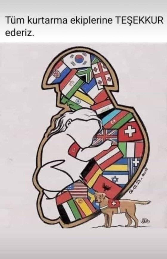 지난 6일 튀르키예 남동부를 강타한 지진으로 건물 잔해에 깔린 사람들을 구하기 위해 세계 80여개국에서 9000여명의 구조대가 파견됐다. 이에 감사함을 전하는 포스터가 제작돼 소셜미디어(SNS)를 통해 공유되고 있다. 사진 트위터 캡처