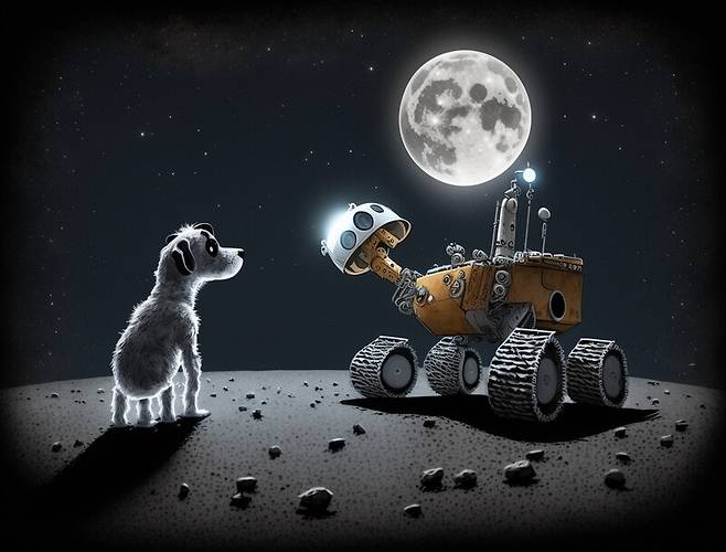 마이크로소프트의 ‘빙’ 챗봇을 통해 만들어진 동화에 걸맞은 그림을 이미지 생성 에이아이인 ‘미드저니’를 통해 그렸다. ‘무인 달탐사 로봇과 강아지가 달에서 지구를 바라보며 이야기를 나누고 있는 모습을 그려달라’고 주문했다.