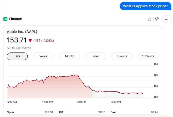애플 주가를 묻자 주식 차트를 제공하는 AI 챗봇 '유챗' 화면/사진=유챗
