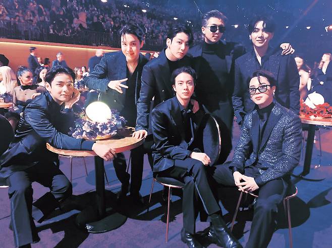 지난해 미국 로스앤젤레스에서 열린 제 64회 그래미 어워즈에 참석한 방탄소년단의 모습. [빅히트뮤직 제공]