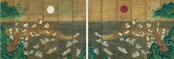 '일월반도도 12폭 병풍' (19세기). 그림 속 복숭아는 길상의 의미다. [사진 아모레퍼시픽미술관]