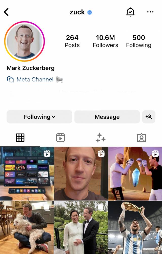 마크 저커버그 메타 최고경영자 아이디 ‘zuck’ 옆에 있는 블루 체크 뱃지 /저커버그 인스타그램 갈무리