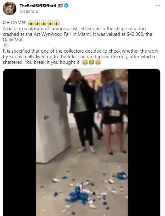 미국 마이애미의 한 아트페어에서 VIP 관객 실수로 박살 난 제프 쿤스의 '풍선개' [트위터 캡처]