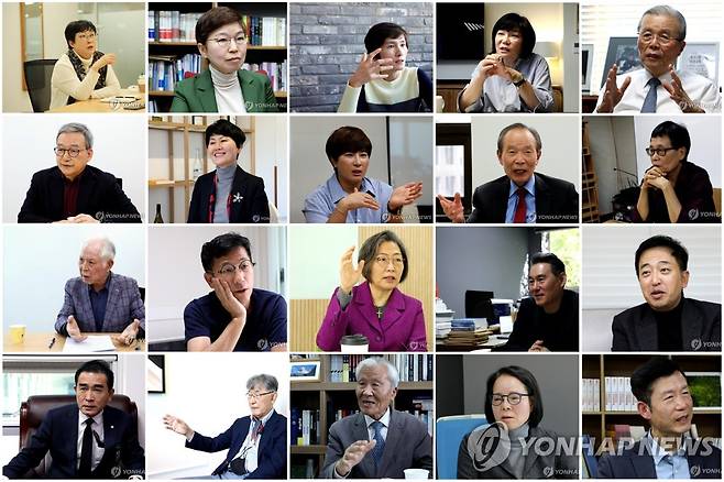 [삶] 20명 인터뷰이 사진들 (맨 위 왼쪽부터) 나희덕 김재련 현정화 김미경 김종인, 정호승 한비야 박세리 장기표 고미숙, 권영길 진중권 이수정 하종강 금태섭, 태영호 이시형 조갑제 전순옥 김영환