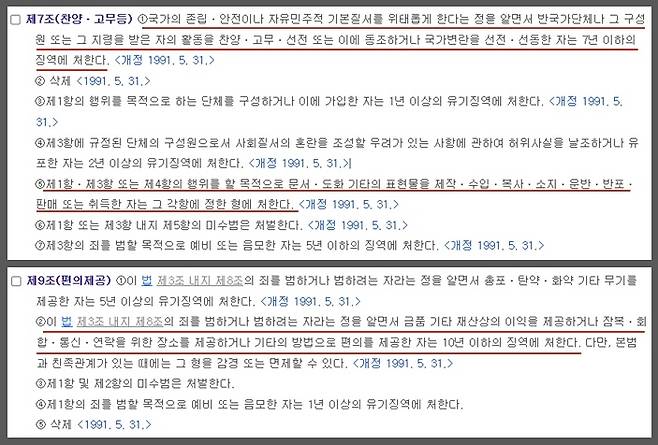국가보안법 제7조, 제9조 [법제처 국가법령정보센터 제공. 재판매 및 DB 금지]