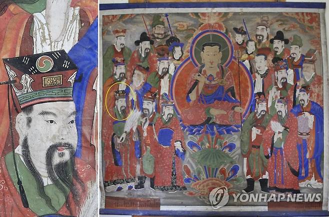 일제강점기에 그린 지장시왕도 속 태극기 (서울=연합뉴스) 전북 남원시 소재 선원사 명부전에 있는 불화인 '지장시왕도'(사진 오른쪽)에 등장하는 한 캐릭터(노란 동그라미 표시)의 관모에 태극기가 그려져 있다. 왼쪽 사진은 태극기가 그려진 캐릭터를 확대한 모습. 대한불교조계종 선원사는 이 지장시왕도가 일제강점기인 1917년에 제작된 것으로 파악됐다고 21일 발표했다. [대한불교조계종 제공, 재판매 및 DB 금지] 2023.2.21 sewonlee@yna.co.kr