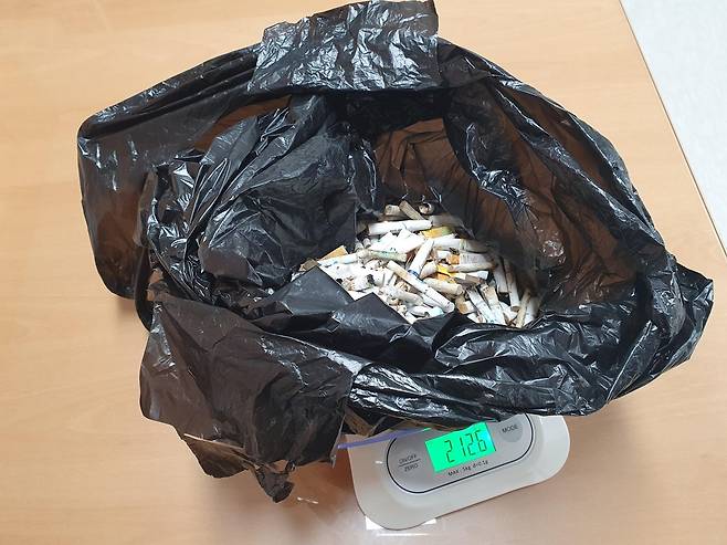 담배꽁초 21일 오전 성동구에서 수집한 담배꽁초. [촬영 김성민 수습기자]