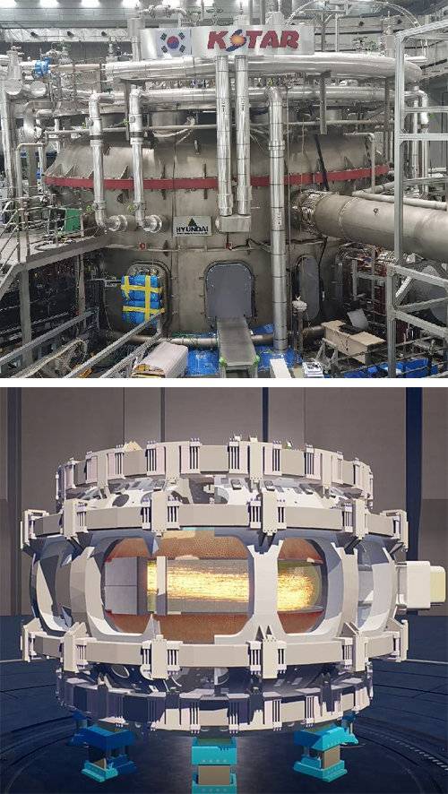 위 사진은 현재 내부 장비 업그레이드를 진행 중인 초전도핵융합연구장치(KSTAR)의 모습. 아래 사진은 디지털로 구현한 KSTAR로 내부에서 움직이는 플라스마의 모습을 확인할 수 있다. 한국핵융합에너지연구원 제공
