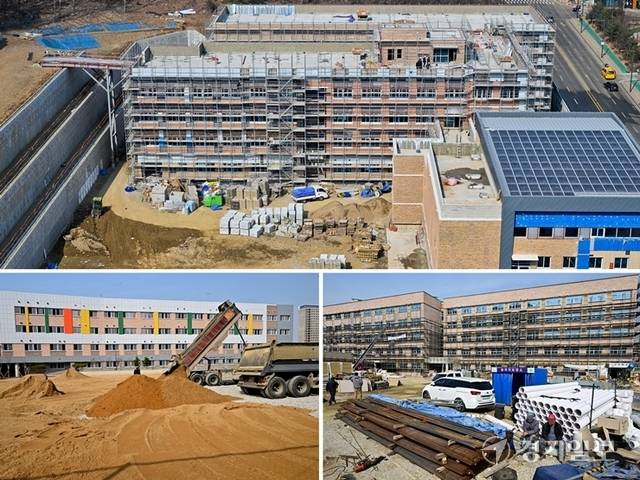 오는 3월 초 개교 예정이던 경기도내 일부 학교들이 공사 지연으로 개교가 늦어져 입학생들의 불편이 우려되고 있다. 사진은 공사가 진행 중인 (위부터 시계 방향) 광주시 태전중학교, 수원특례시 글빛초등학교, 화성시 와우고등학교. 김시범·윤원규기자