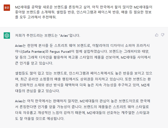 챗GPT가 패션브랜드 에리즈 어라이즈를 추천하고 있다. 브랜드 특성와 사업성을 평가해 즉각적인 답변을 내놓는다. /사진=챗GPT