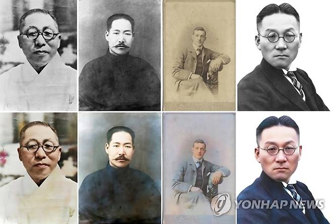 보훈처, 독립운동가 흑백사진 색채 복원 및 영상 콘텐츠 제작 (서울=연합뉴스) 국가보훈처가 27일 독립운동가 15인의 흑백사진을 인공지능(AI) 기술을 활용해 색채 사진으로 복원, 이를 영상으로 제작해 이날부터 대한민국임시정부 수립기념일인 4월 11일까지 서울 광화문광장 대한민국역사박물관 대형 전광판을 통해 송출한다고 밝혔다. 사진은 김구(왼쪽부터), 김좌진, 베델, 송진우 복원 전후 사진. 2023.2.27 [국가보훈처 제공. 재판매 및 DB 금지] photo@yna.co.kr