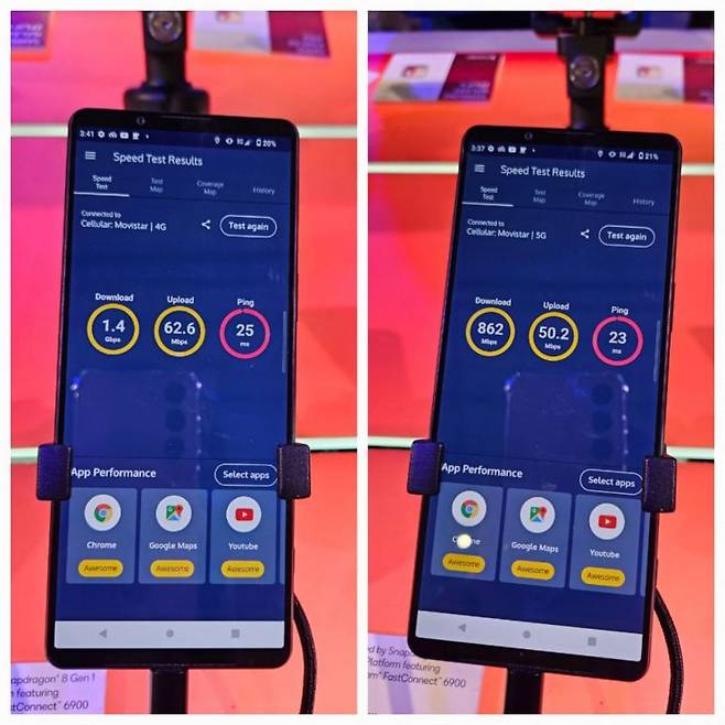퀄컴 mmWave 5G 스피드 테스트 결과. [사진=오수연 기자]