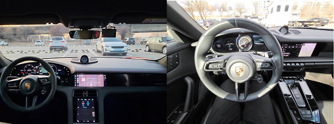 (왼쪽부터) 타이칸 GTS와 911 에디션 50주년 포르쉐 디자인의 앞좌석 모습이다. [사진=오규민 기자 moh011@]