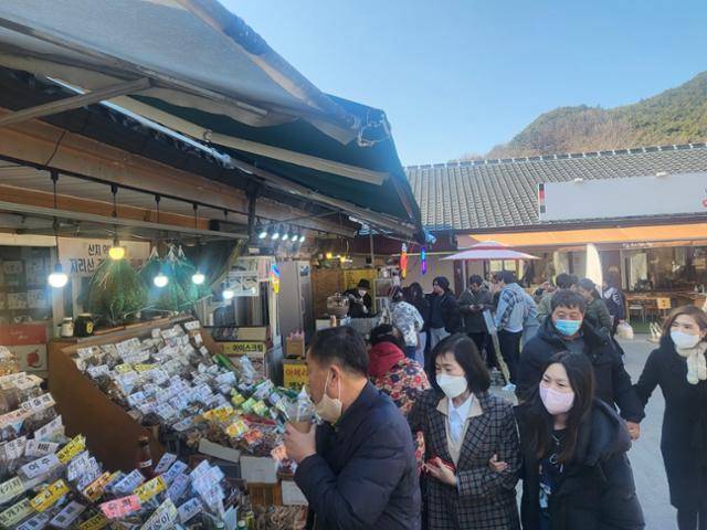 관광객들이 화개장터의 간판 상품인 산약초와 야생약재 점포 앞에서 상품을 살펴보고 있다. 하동=이동렬 기자